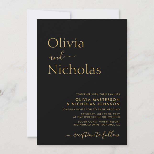 Modern Chic Black and Gold Script Photo Wedding Invitation (Front)