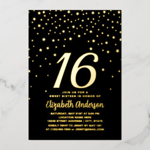 Modern Chic Black and Gold Stars Sweet 16 Birthday