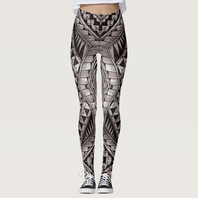 Modern Chic Black and White Tribal Tattoo Pattern Leggings (Front)