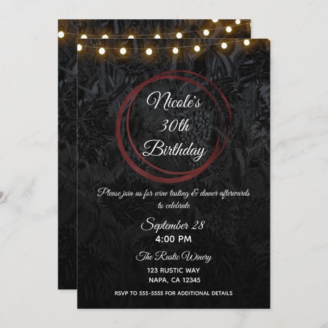 Modern Chic Black & Burgundy Red Wine Rings Party Invitation (Front/Back)