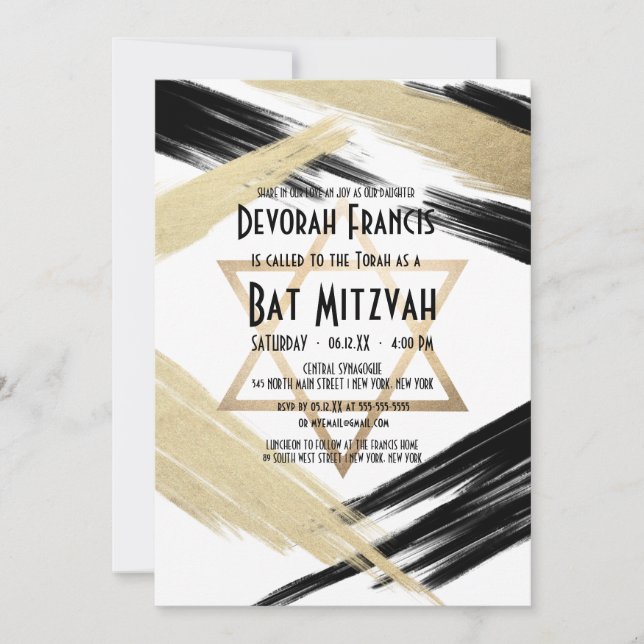Modern Chic Black Gold Brushstroke Bat Mitzvah Invitation (Front)