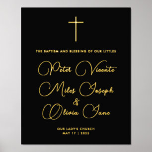 Modern Chic Black Gold Cross Triplets Baptism  Foil Prints