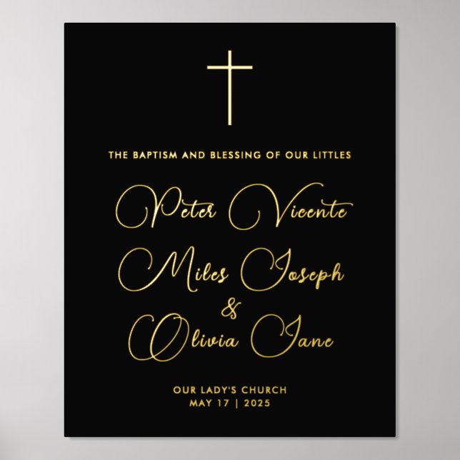 Modern Chic Black Gold Cross Triplets Baptism  Foil Prints (Front)