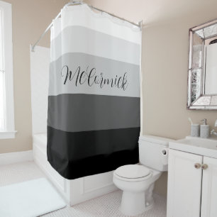 Modern Chic Black Grey White Script Monogram Shower Curtain