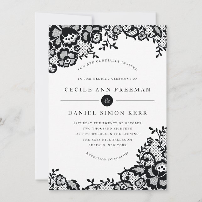Modern Chic Black Lace Formal Wedding Invitation (Front)