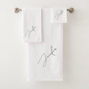 Modern Chic Black Name Script White Bath Towel Set