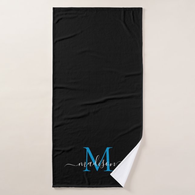 Modern Chic Black Ocean Blue Monogram Script Name Bath Towel (Bath Towel)