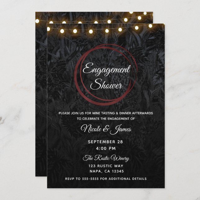 Modern Chic Black Red Wine Rings Engagement Shower Invitation (Front/Back)