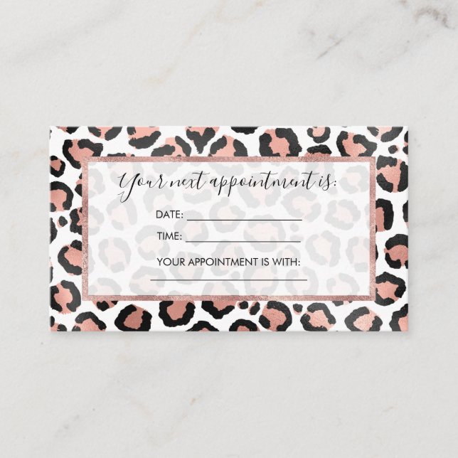 Modern Chic Black Rose Gold Foil Leopard Print Appointment Card (Front)