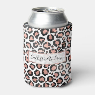 Modern Chic Black Rose Gold Foil Leopard Print Can Cooler