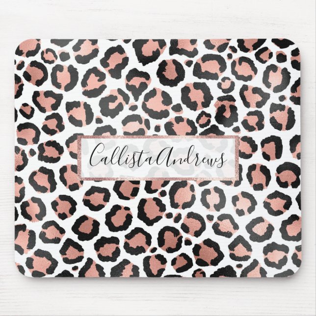 Modern Chic Black Rose Gold Foil Leopard Print Mouse Pad (Front)