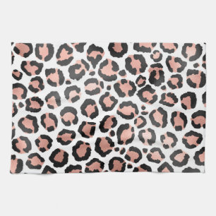 Modern Chic Black Rose Gold Foil Leopard Print Tea Towel