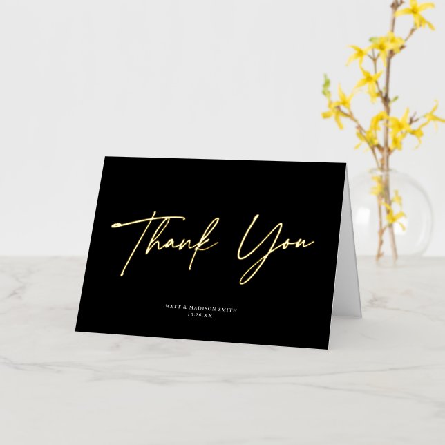 Modern Chic Black Wedding Gold Foil Thank You Card (Yellow Flower)