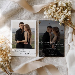 Modern Chic Black White 2 Photo Minimalist Wedding Invitation