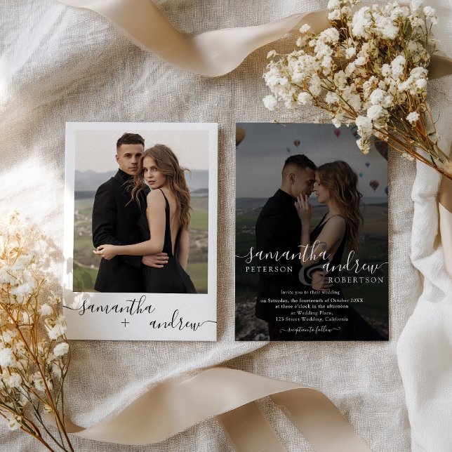 Modern Chic Black White 2 Photo Minimalist Wedding Invitation (Modern Chic Black White 2 Photo Minimalist Wedding Invitation)