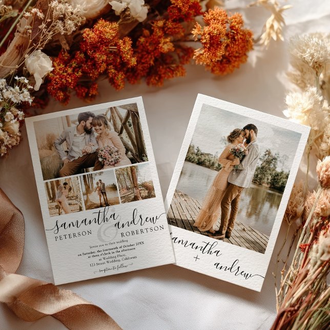 Modern Chic Black White 5 Photo Minimalist Wedding Invitation (Modern Chic Black White 5 Photo Minimalist Wedding Invitation)