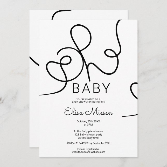 Modern chic black white calligraphy Oh baby shower Invitation (Front/Back)