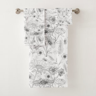 Modern chic black white daisy flower pattern bath towel set
