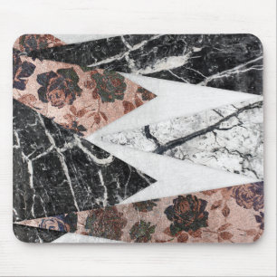 Modern Chic Black White Marble and Rose Gold Geo Mouse Pad