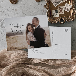 Modern Chic Black White Photo Wedding Thank You Postcard
