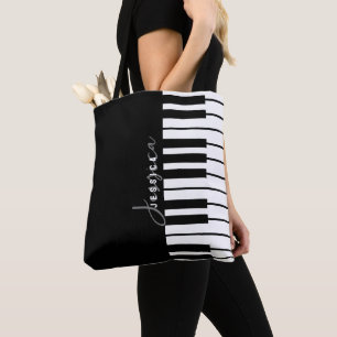 Modern Chic Black & White Piano Keyboard Monogram Tote Bag