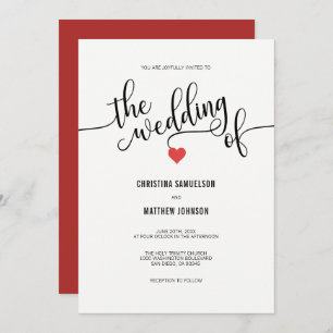 Modern Chic Black, White RED Heart Wedding Invitation