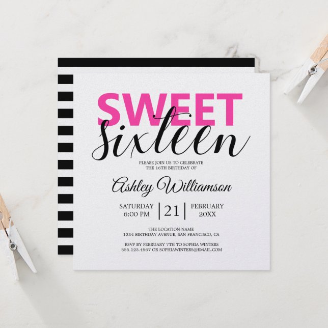 Modern Chic Black White Stripes Pink Sweet 16 Invitation (Front/Back In Situ)