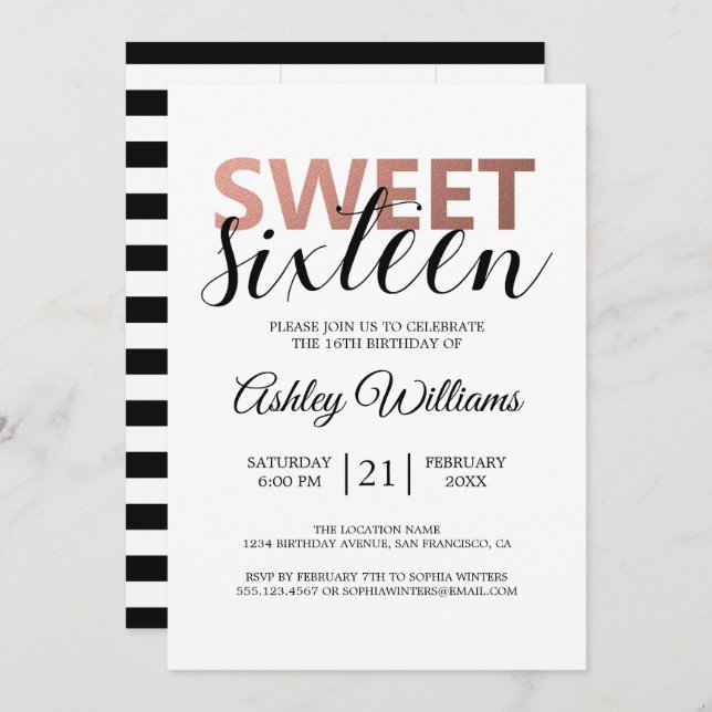 Modern Chic Black White Stripes Pink Sweet 16 Invitation (Front/Back)