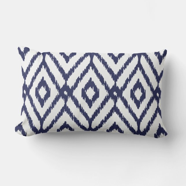 Modern chic blue and white ikat diamond pattern lumbar cushion (Front)