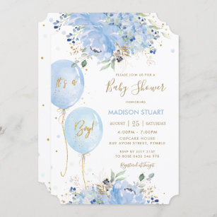 Modern Chic Blue Floral Balloons Boy Baby Shower Invitation