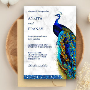 Modern Chic Blue Glitter Peacock Indian Wedding Invitation