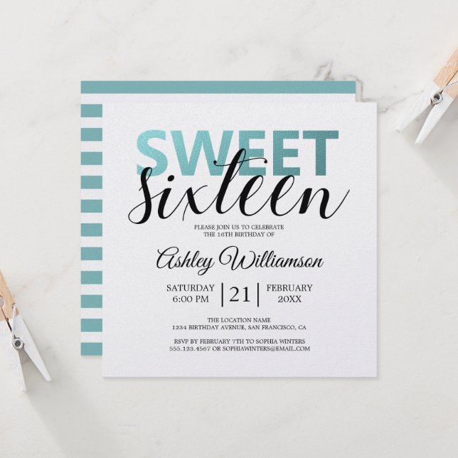 Modern Chic Blue White Stripes Pink Sweet 16 Invitation (Front/Back In Situ)