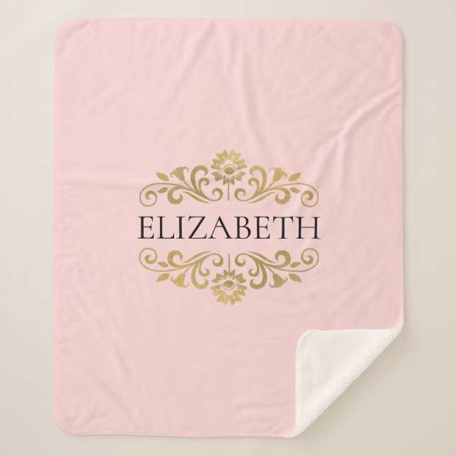 Modern Chic Blush Pink Gold Monogram Sherpa Blanket (Front)