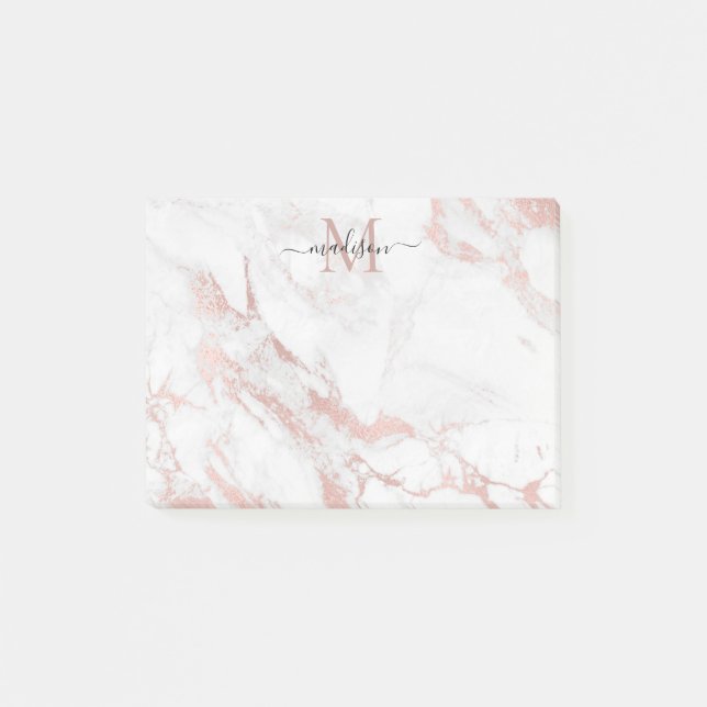Modern Chic Blush Pink Rose Gold Marble Monogram Post-it Notes (Front)