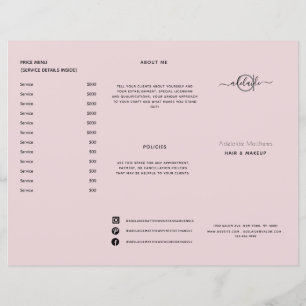Modern Chic Blush Pink Salon Price Service Menu