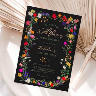 Modern chic boho bright wild flowers 1st birthday invitation