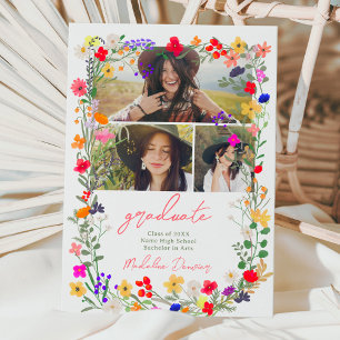 Modern chic boho bright wild flowers graduation announcement