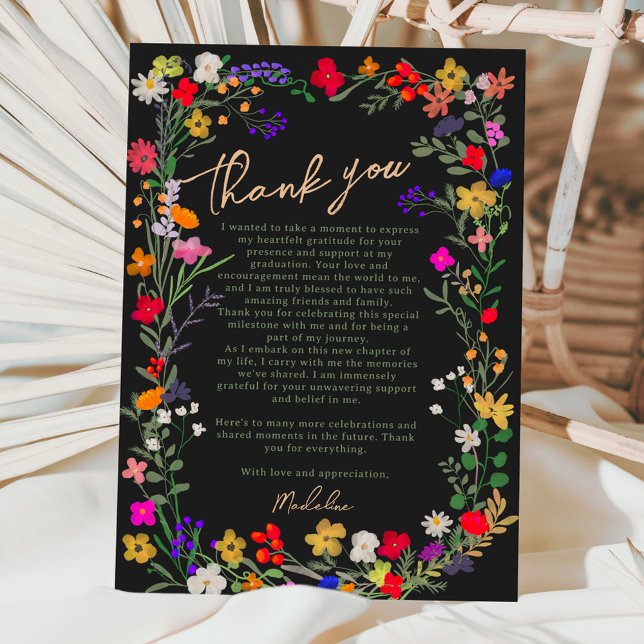 Modern chic boho bright wild flowers graduation thank you card (Modern chic boho bright wild flowers graduation thank you card black)