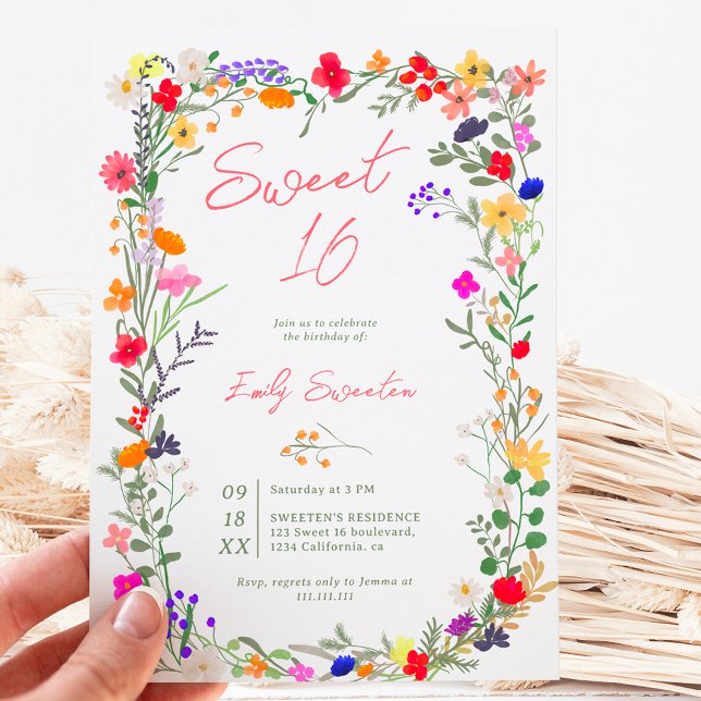 Modern chic boho bright wild flowers Sweet 16 Invitation (Modern chic boho bright wild flowers Sweet 16 Invitation)