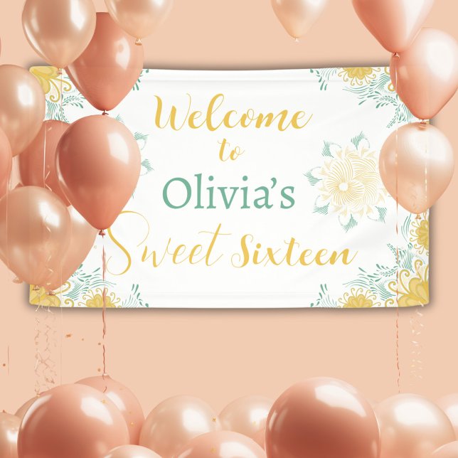 Modern Chic Boho Floral Sweet 16 Birthday Party Banner (Creator Uploaded)