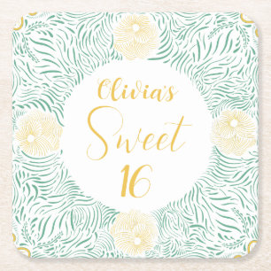 Modern Chic Boho Floral Sweet 16 Birthday Party Square Paper Coaster