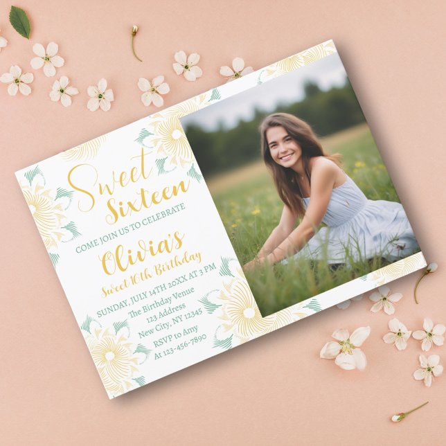 Modern Chic Boho Floral Sweet 16 Birthday Photo Invitation (Creator Uploaded)