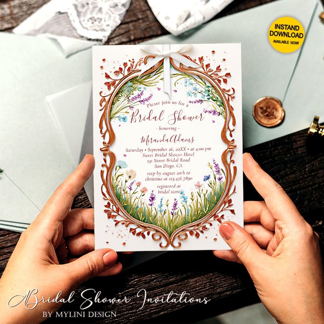 Modern Chic Boho Frame Wild Flowers Bridal Shower Invitation (Creator Uploaded)