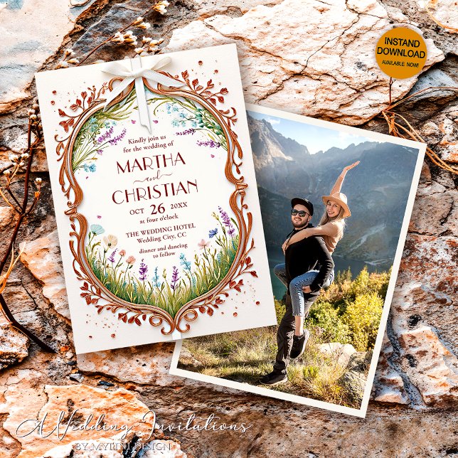 Modern Chic Boho Frame Wild Flowers Photo Wedding Invitation (Creator Uploaded)