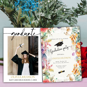 Modern chic boho wild flowers photo graduation invitation