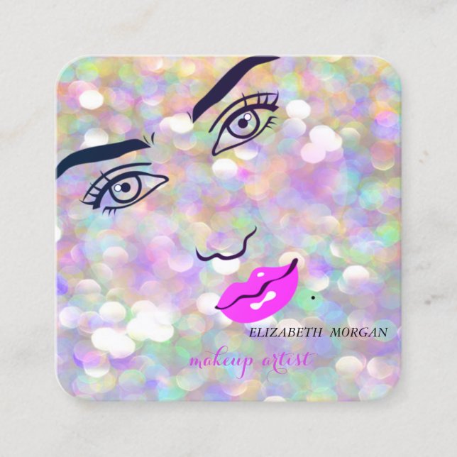 Modern Chic Bokeh, Girl Face,Makeup artist Square Business Card (Front)
