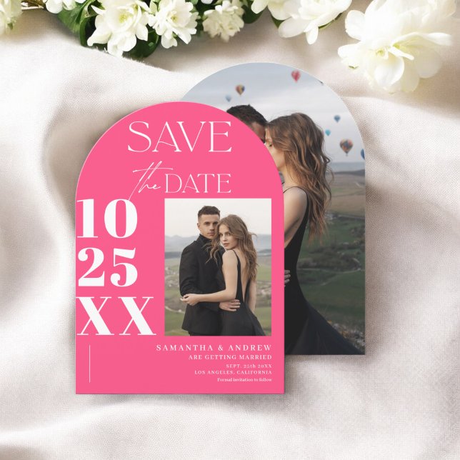Modern chic bold script hot pink photos wedding save the date (Modern chic bold script hot pink photos wedding save the date)