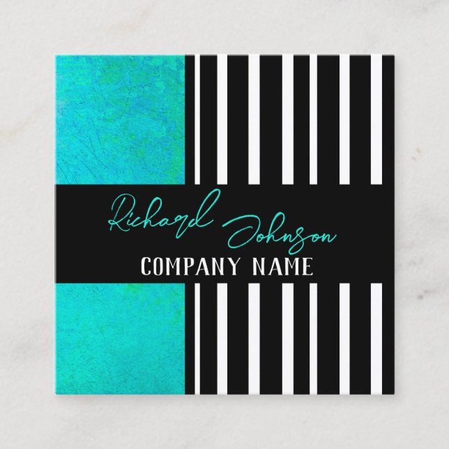 modern chic bold turquoise on black stripes  square business card (Front)