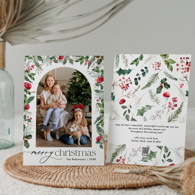 Modern Chic Botanical Arch 1 Photo Merry Christmas Holiday Card (Creator Uploaded)