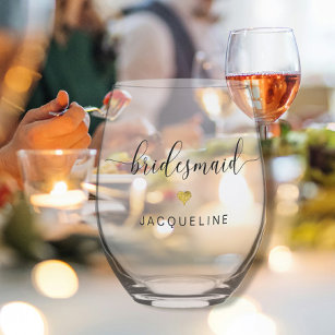 Modern Chic Bridesmaid Script Gold Heart Name Stemless Wine Glass
